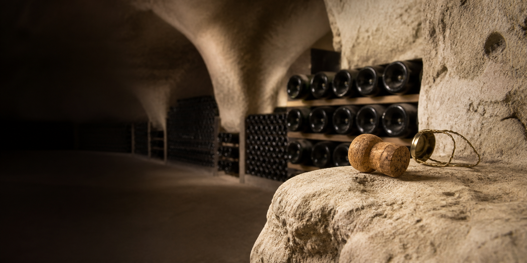 Champagnekurk en muselet op kalksteen in een traditionele champagnekelder