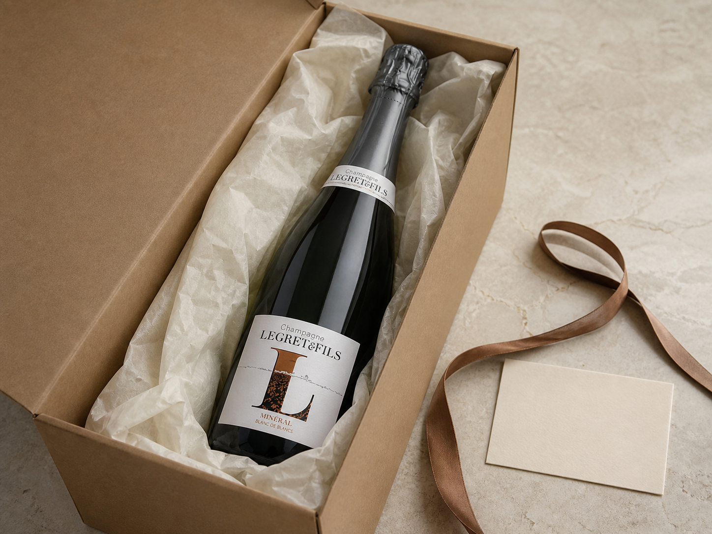 Champagnefles in een open cadeaudoos met vloeipapier, een lint en een kaartje