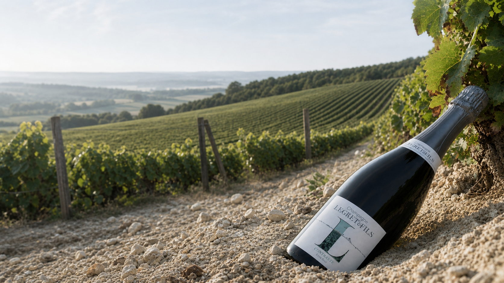 Champagnefles half in kalkrijk zand bij een wijnveld in de Champagnestreek