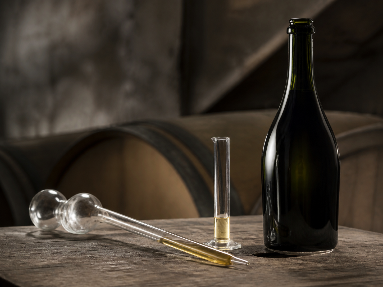 Dosagegereedschap en champagnefles op een kelderwerkbank