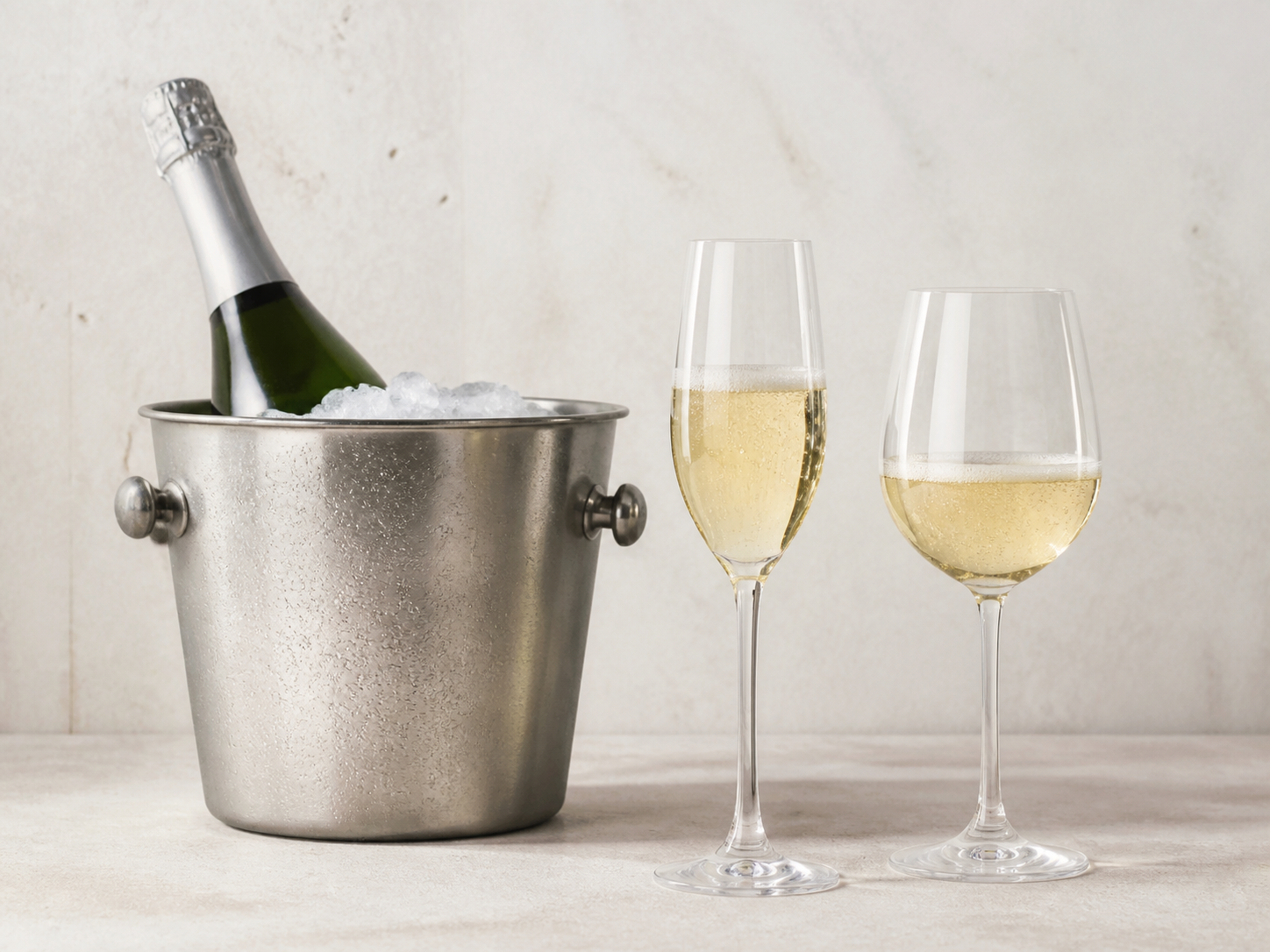 Champagnekoeler met tulpglas en wijnglas
