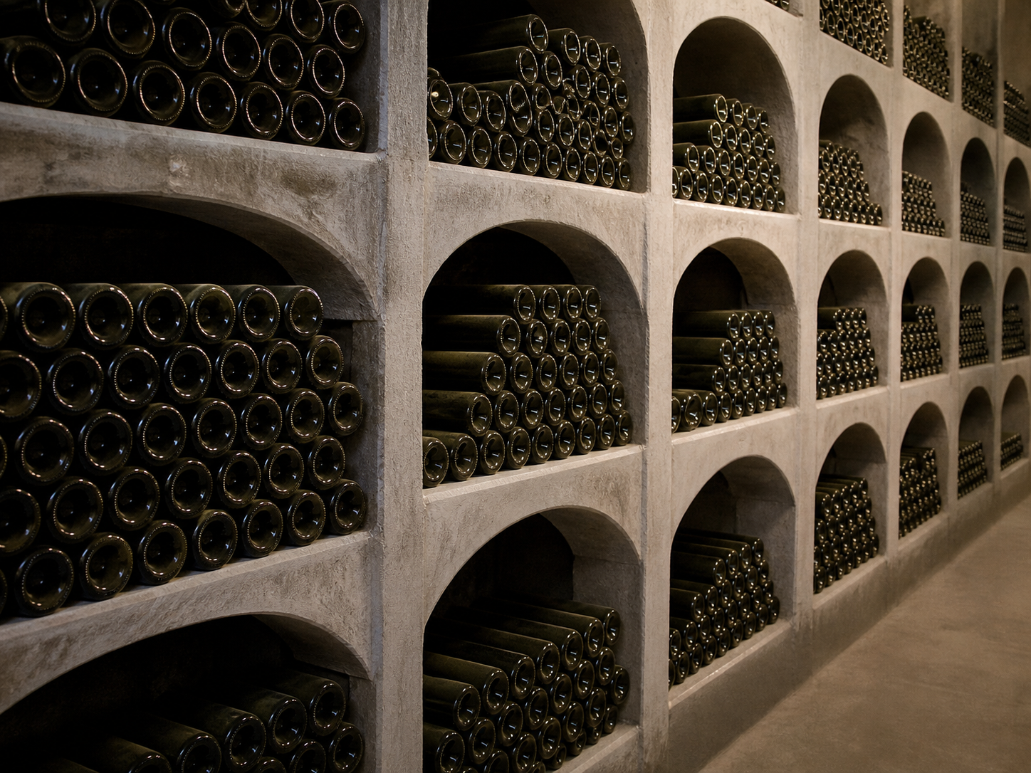 Champagneflessen liggend bewaard in keldernissen