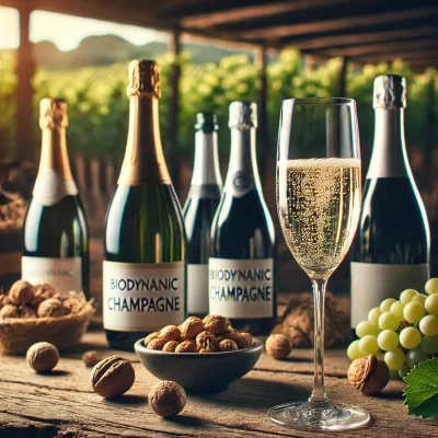 Champagneglas omgeven door biodynamische en vegan champagnes in een wijngaardomgeving